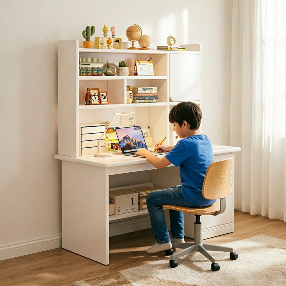 LIVARA Integrated Desk & Bookshelf High Cabinet with Large Storage for Bedroom, Study Room & Learning Area - White