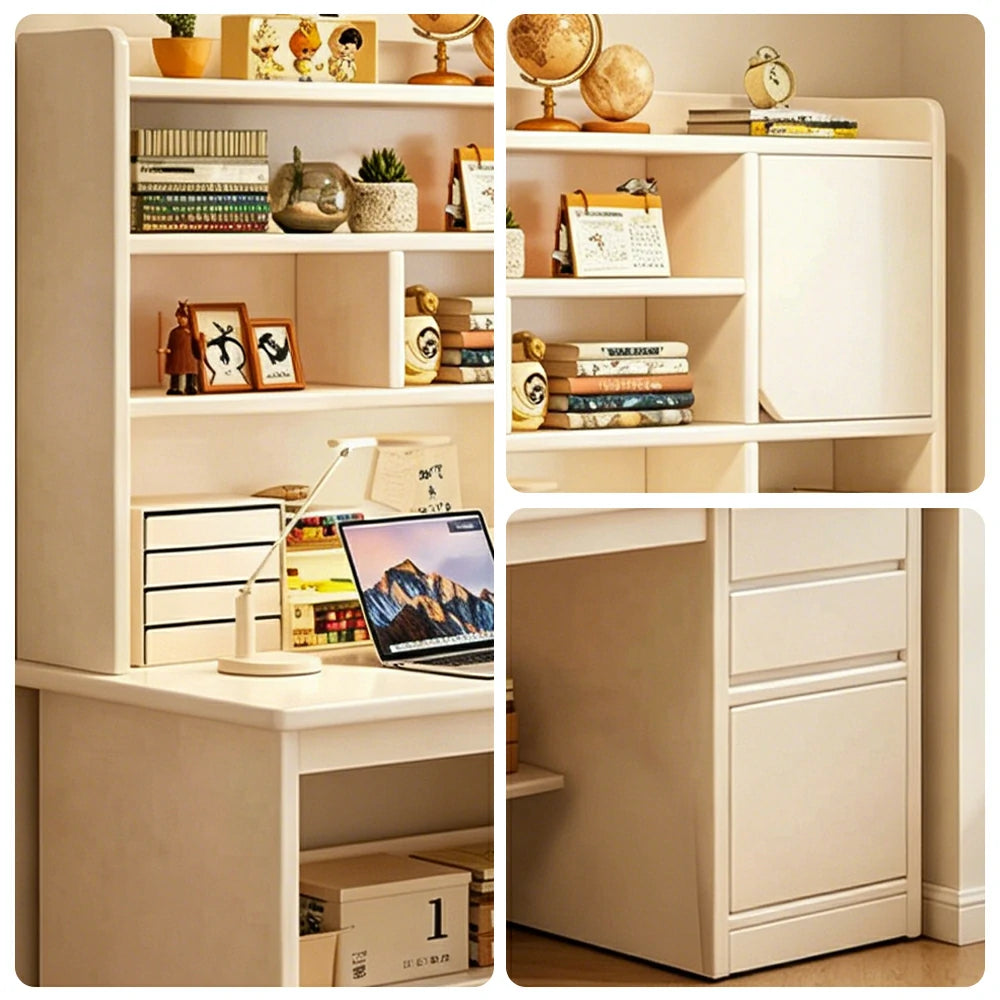 LIVARA Integrated Desk & Bookshelf High Cabinet with Large Storage for Bedroom, Study Room & Learning Area - White