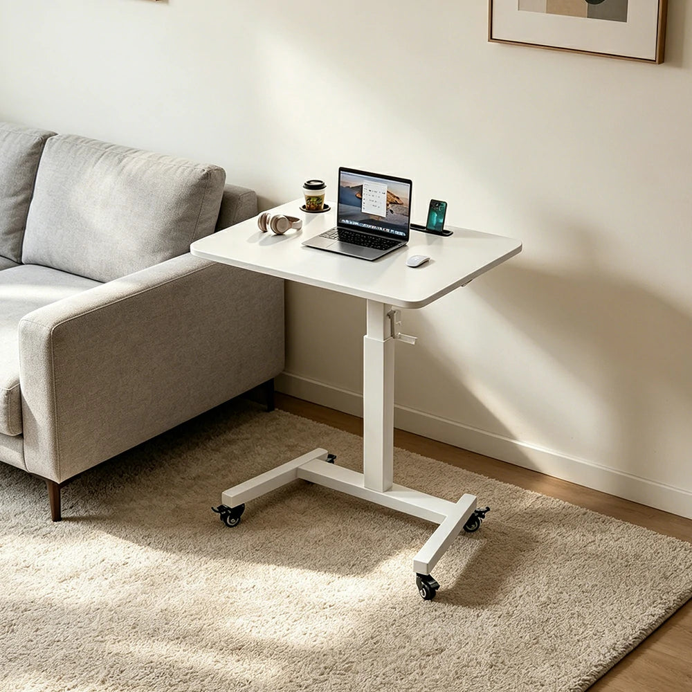 LIVARA Adjustable Mobile Side Table with Hand-Crank Height & Foldable Storage for Bedroom, Living Room & Bedside Work