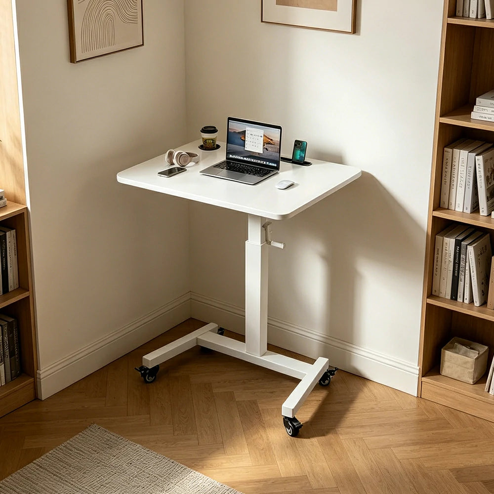 LIVARA Adjustable Mobile Side Table with Hand-Crank Height & Foldable Storage for Bedroom, Living Room & Bedside Work