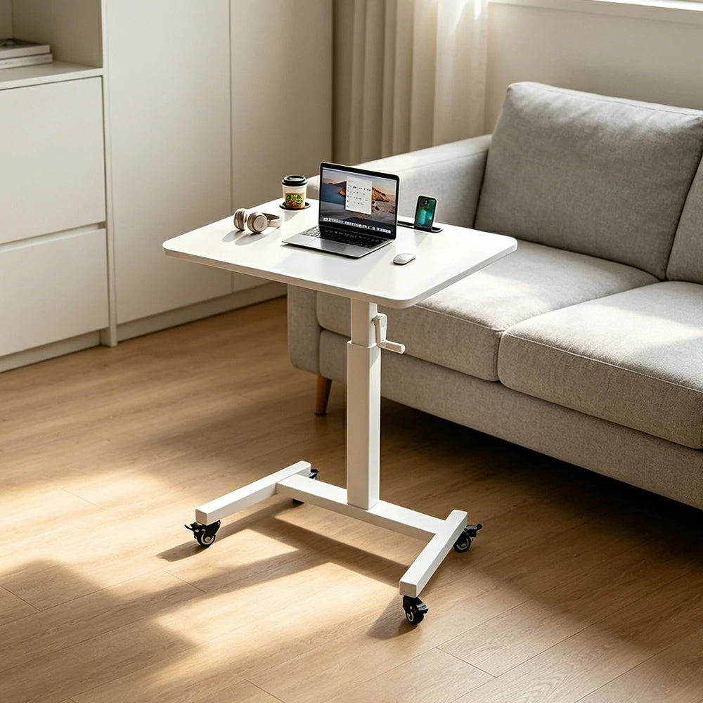 LIVARA Adjustable Mobile Side Table with Hand-Crank Height & Foldable Storage for Bedroom, Living Room & Bedside Work