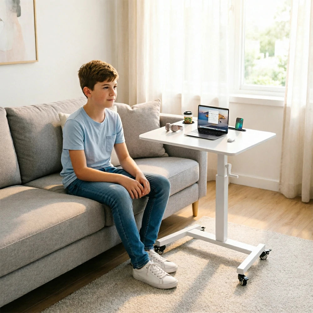 LIVARA Adjustable Mobile Side Table with Hand-Crank Height & Foldable Storage for Bedroom, Living Room & Bedside Work