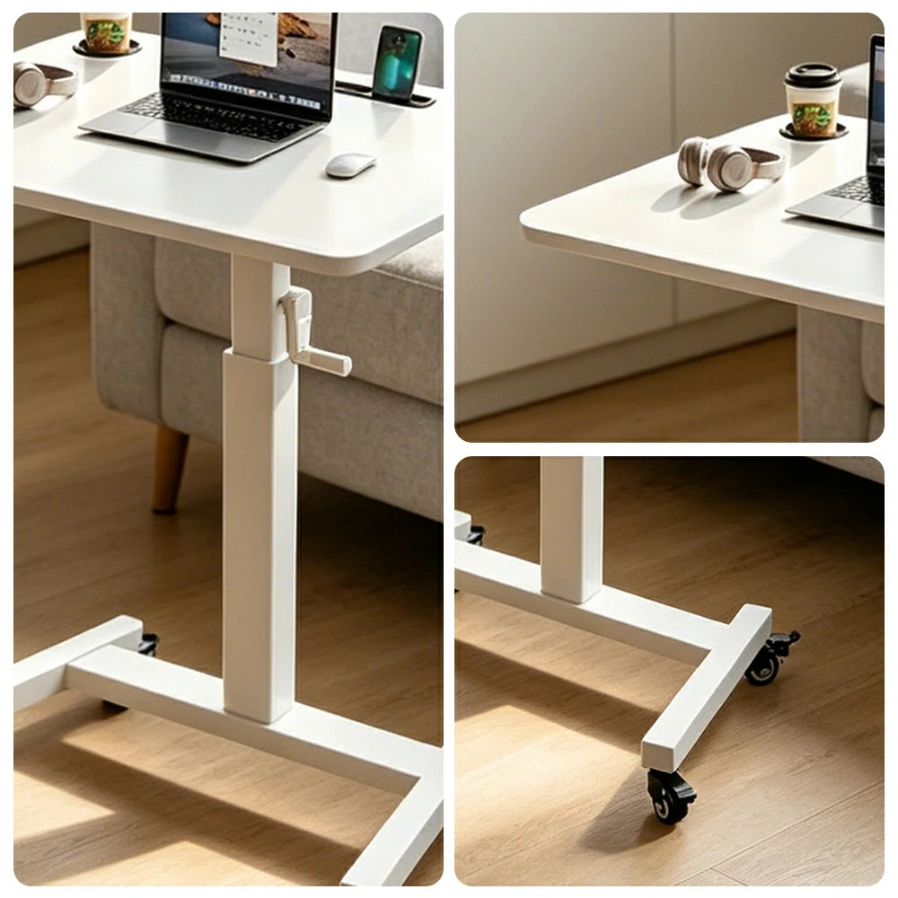 LIVARA Adjustable Mobile Side Table with Hand-Crank Height & Foldable Storage for Bedroom, Living Room & Bedside Work