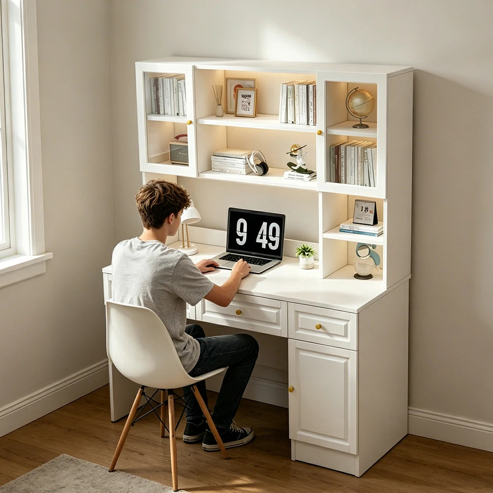LIVARA Desk & Bookshelf Combo 100cm Thick Solid Wood Multi-Zone Storage for Bedroom, Kids Study & Home Office