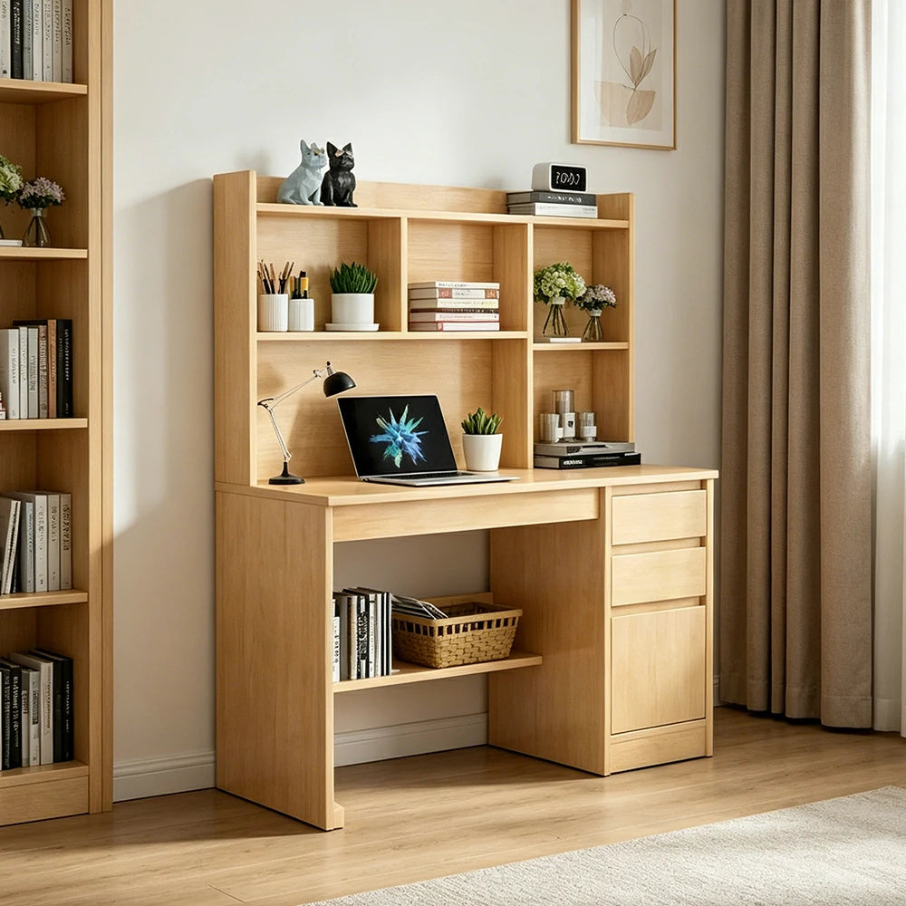 LIVARA Nordic Desk & Bookshelf Combo Large Desktop & Multi-Zone Storage for Bedroom, Study Room & Kids Study Area - Wood