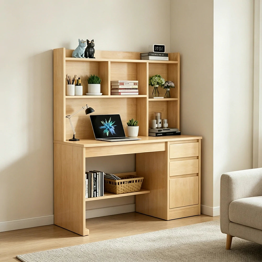 LIVARA Nordic Desk & Bookshelf Combo Large Desktop & Multi-Zone Storage for Bedroom, Study Room & Kids Study Area - Wood