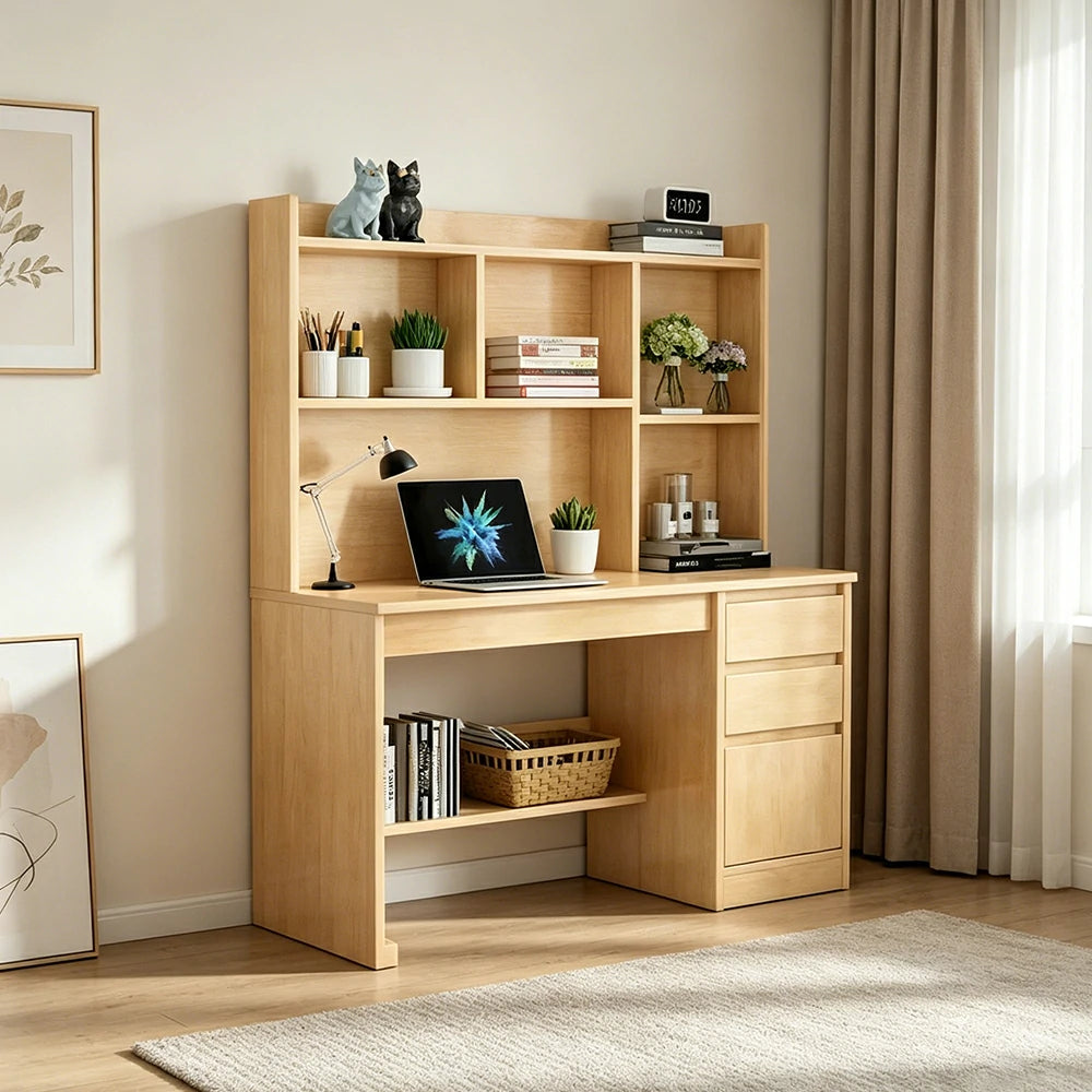 LIVARA Nordic Desk & Bookshelf Combo Large Desktop & Multi-Zone Storage for Bedroom, Study Room & Kids Study Area - Wood