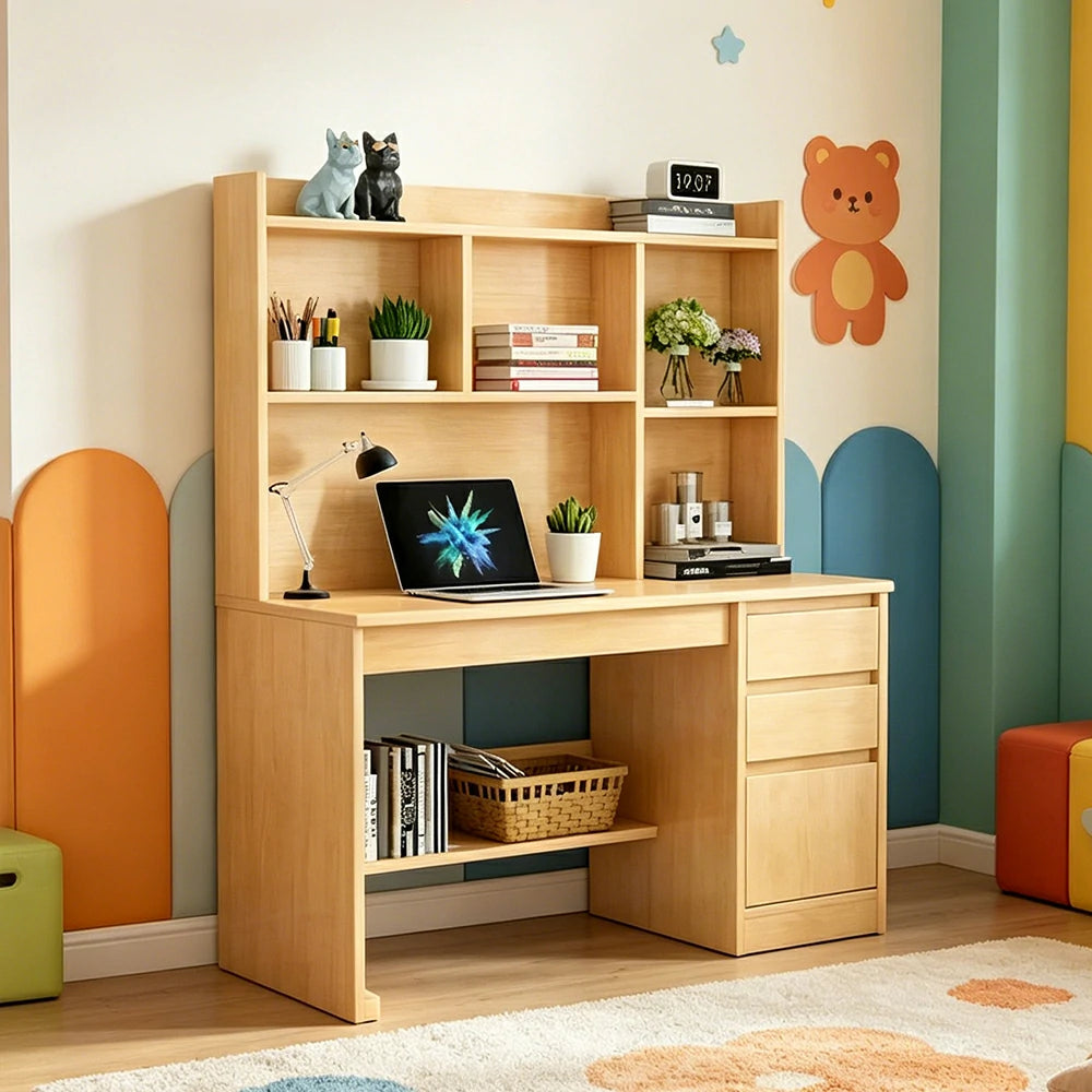 LIVARA Nordic Desk & Bookshelf Combo Large Desktop & Multi-Zone Storage for Bedroom, Study Room & Kids Study Area - Wood