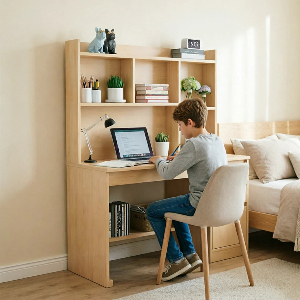 LIVARA Nordic Desk & Bookshelf Combo Large Desktop & Multi-Zone Storage for Bedroom, Study Room & Kids Study Area - Wood
