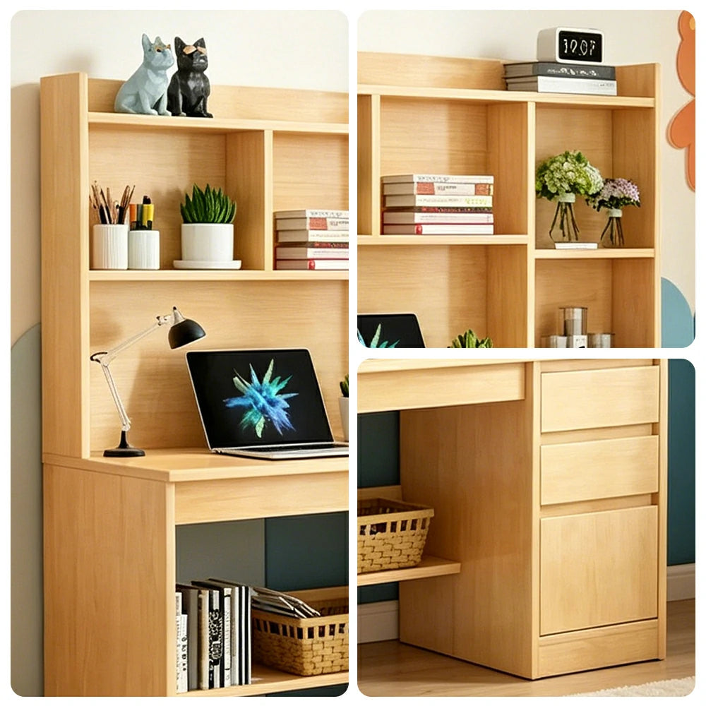 LIVARA Nordic Desk & Bookshelf Combo Large Desktop & Multi-Zone Storage for Bedroom, Study Room & Kids Study Area - Wood