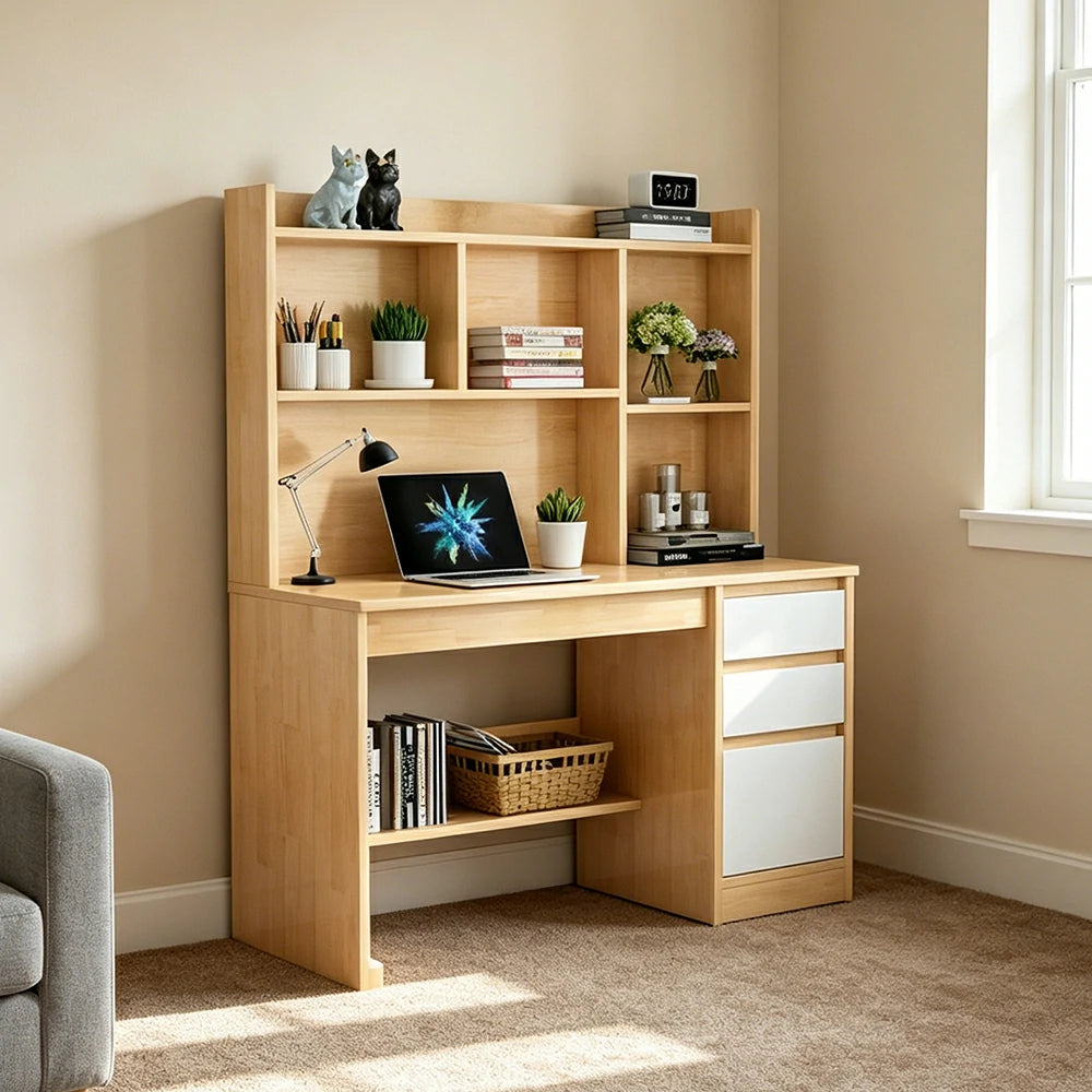 LIVARA Nordic Desk & Bookshelf Combo Large Desktop & Multi-Zone Storage for Bedroom, Study Room & Kids Study Area - Wood&White