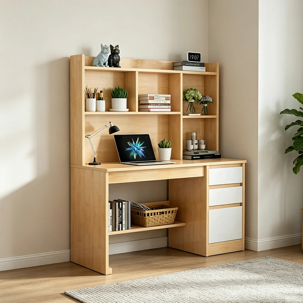 LIVARA Nordic Desk & Bookshelf Combo Large Desktop & Multi-Zone Storage for Bedroom, Study Room & Kids Study Area - Wood&White