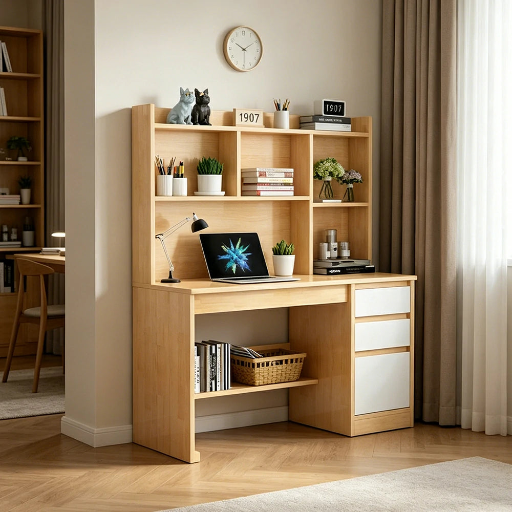 LIVARA Nordic Desk & Bookshelf Combo Large Desktop & Multi-Zone Storage for Bedroom, Study Room & Kids Study Area - Wood&White