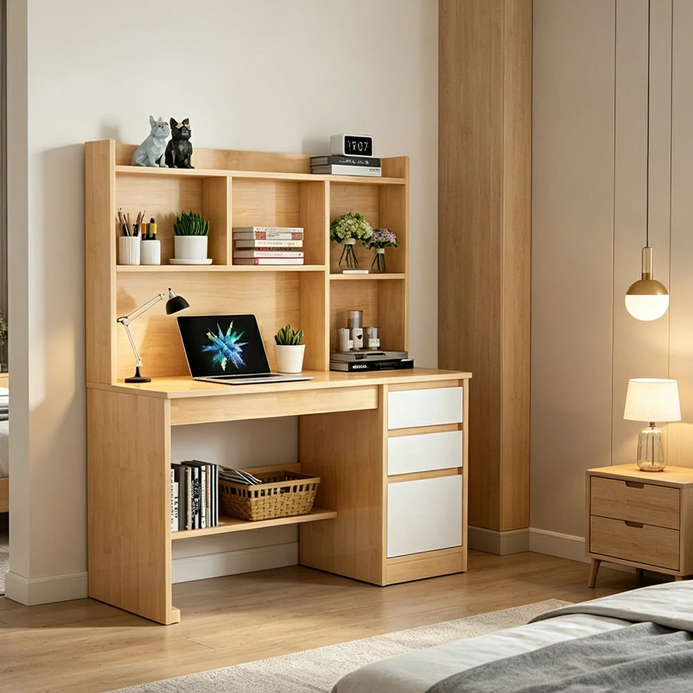 LIVARA Nordic Desk & Bookshelf Combo Large Desktop & Multi-Zone Storage for Bedroom, Study Room & Kids Study Area - Wood&White