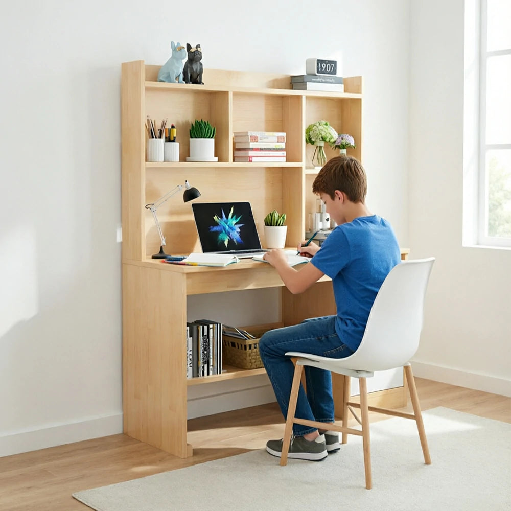 LIVARA Nordic Desk & Bookshelf Combo Large Desktop & Multi-Zone Storage for Bedroom, Study Room & Kids Study Area - Wood&White