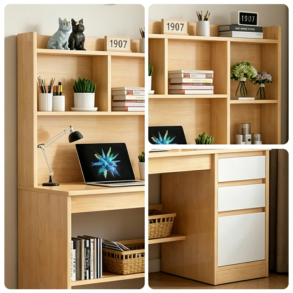 LIVARA Nordic Desk & Bookshelf Combo Large Desktop & Multi-Zone Storage for Bedroom, Study Room & Kids Study Area - Wood&White