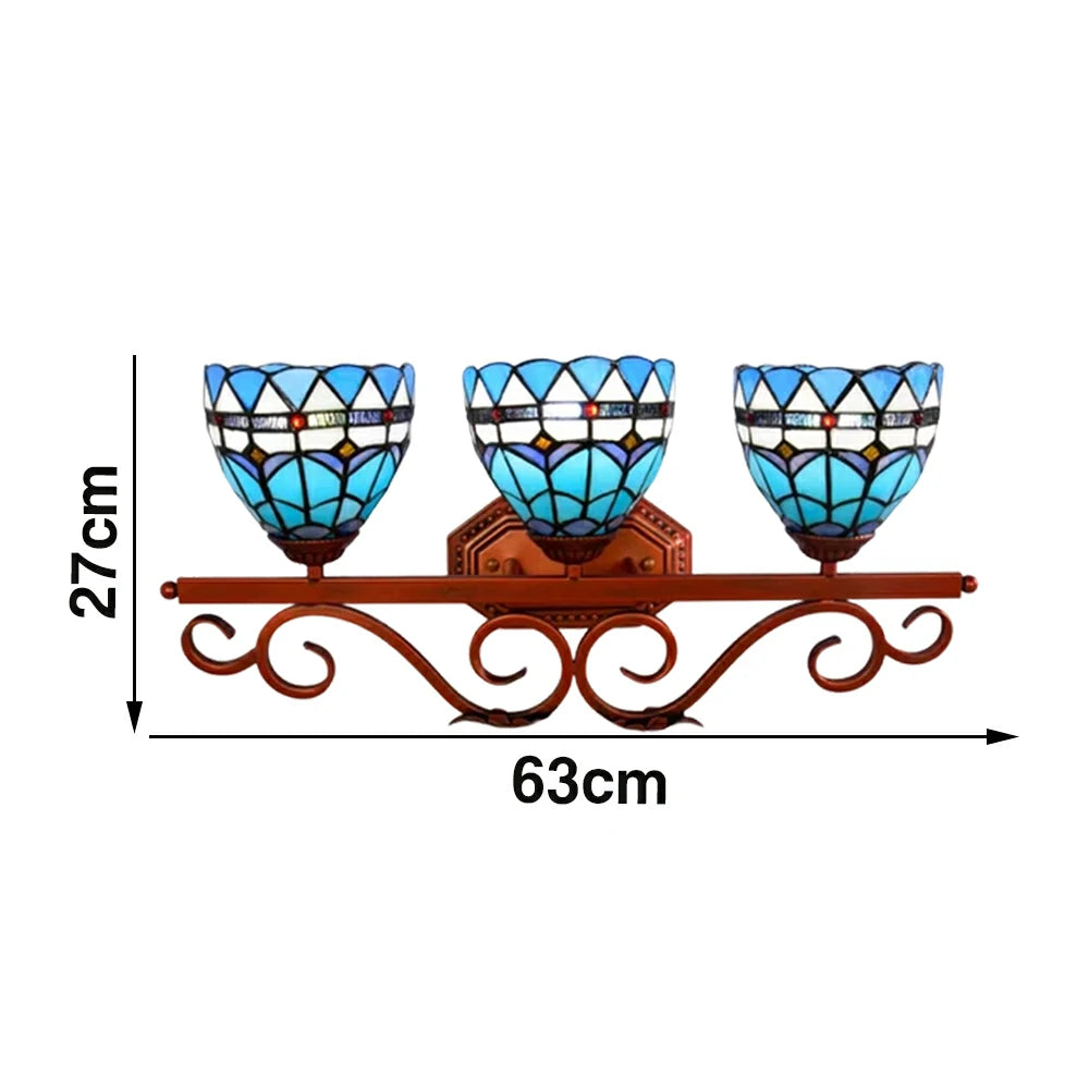 LIVARA European Vintage Mediterranean Style 3-Light Wall Light Stained Glass Handcrafted Iron Frame 63cm Living Room Bedroom Dining
