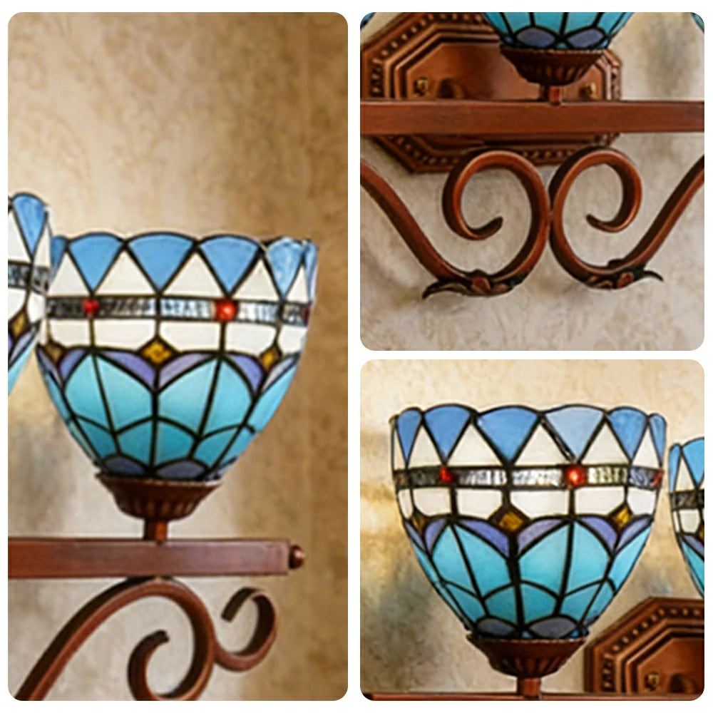 LIVARA European Vintage Mediterranean Style 3-Light Wall Light Stained Glass Handcrafted Iron Frame 63cm Living Room Bedroom Dining