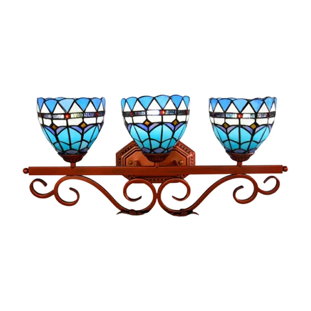 LIVARA European Vintage Mediterranean Style 3-Light Wall Light Stained Glass Handcrafted Iron Frame 63cm Living Room Bedroom Dining