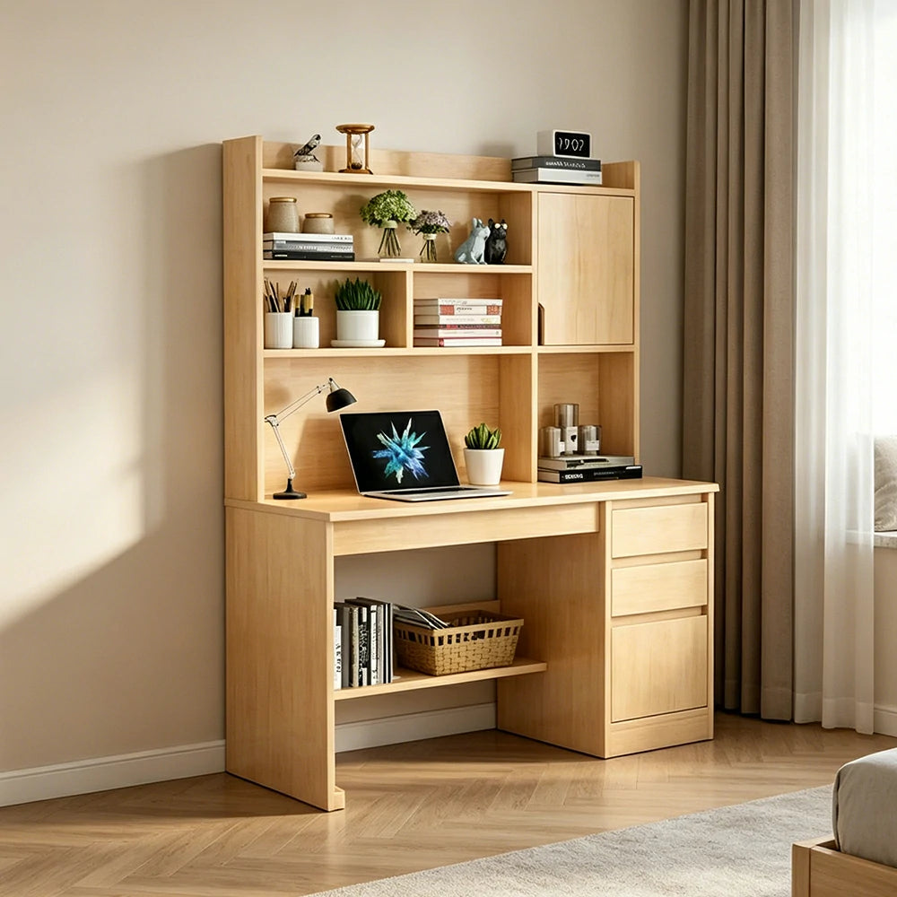 LIVARA Nordic Desk & Bookshelf Combo with Doors, Large Desktop & Multi-Zone Storage for Bedroom, Study Room & Kids Study Area - Wood