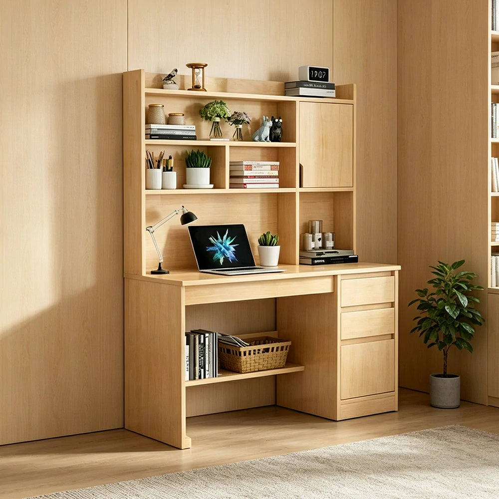 LIVARA Nordic Desk & Bookshelf Combo with Doors, Large Desktop & Multi-Zone Storage for Bedroom, Study Room & Kids Study Area - Wood