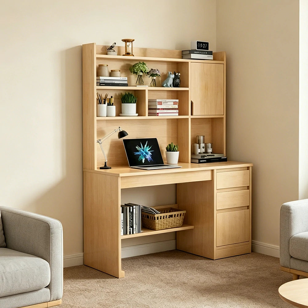 LIVARA Nordic Desk & Bookshelf Combo with Doors, Large Desktop & Multi-Zone Storage for Bedroom, Study Room & Kids Study Area - Wood