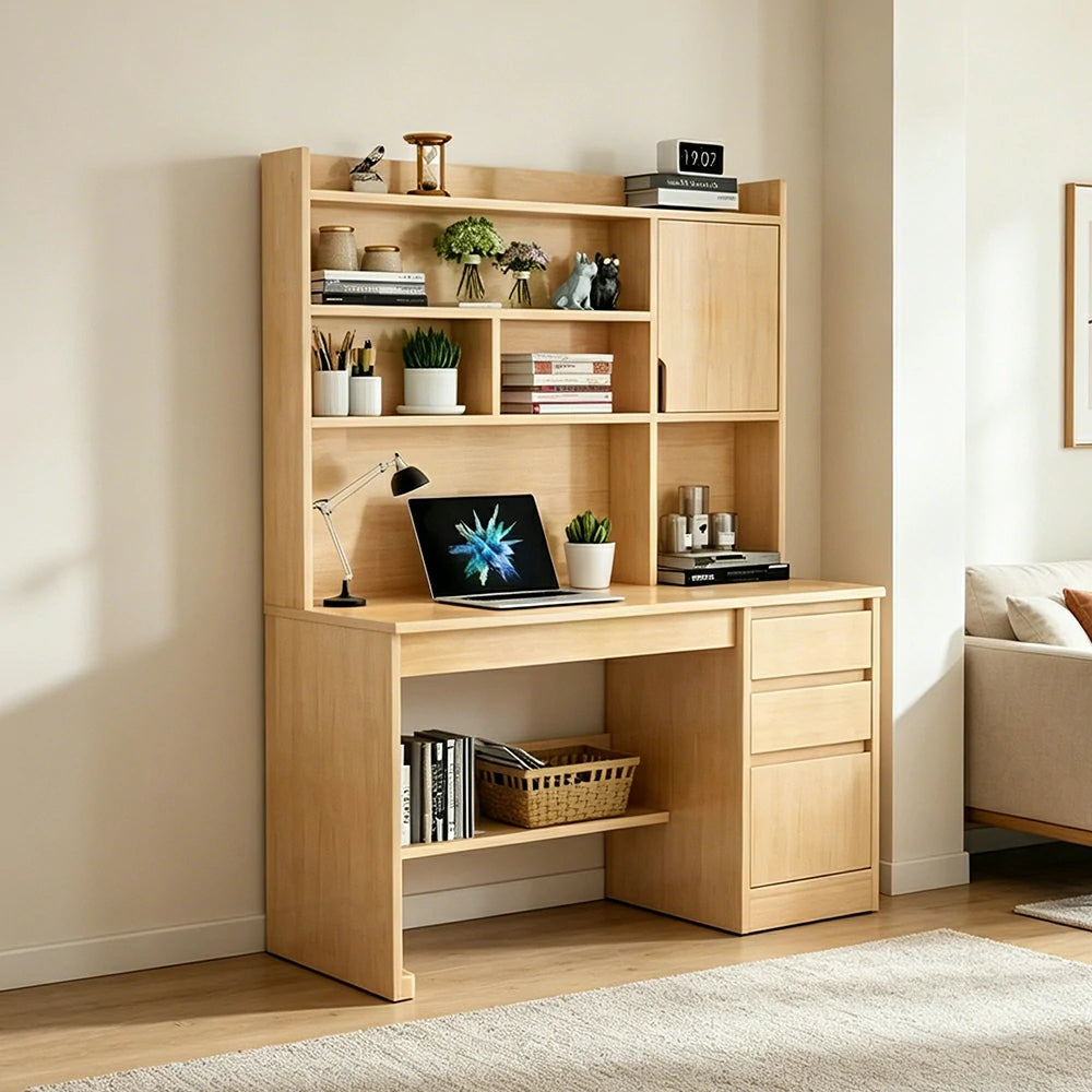 LIVARA Nordic Desk & Bookshelf Combo with Doors, Large Desktop & Multi-Zone Storage for Bedroom, Study Room & Kids Study Area - Wood