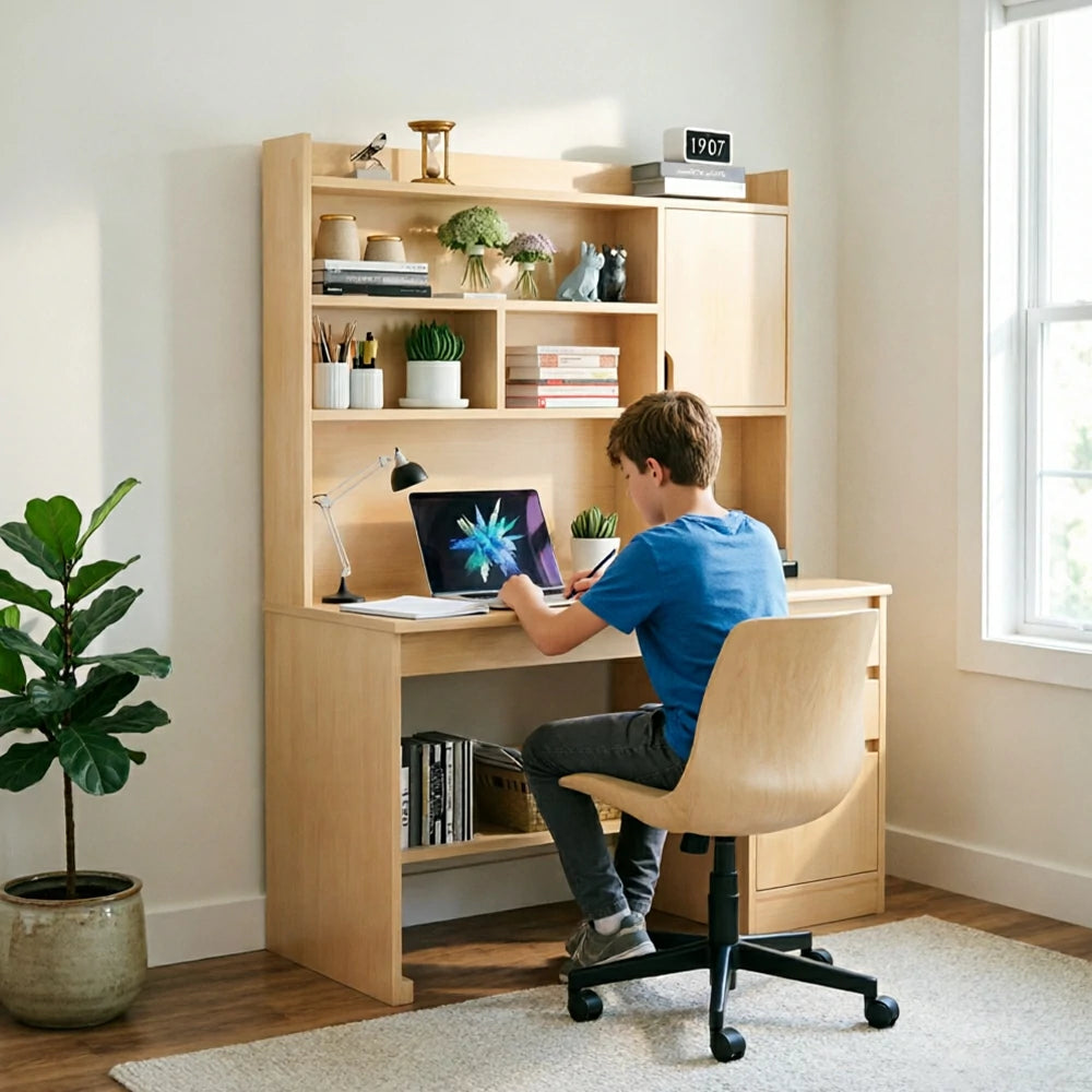LIVARA Nordic Desk & Bookshelf Combo with Doors, Large Desktop & Multi-Zone Storage for Bedroom, Study Room & Kids Study Area - Wood