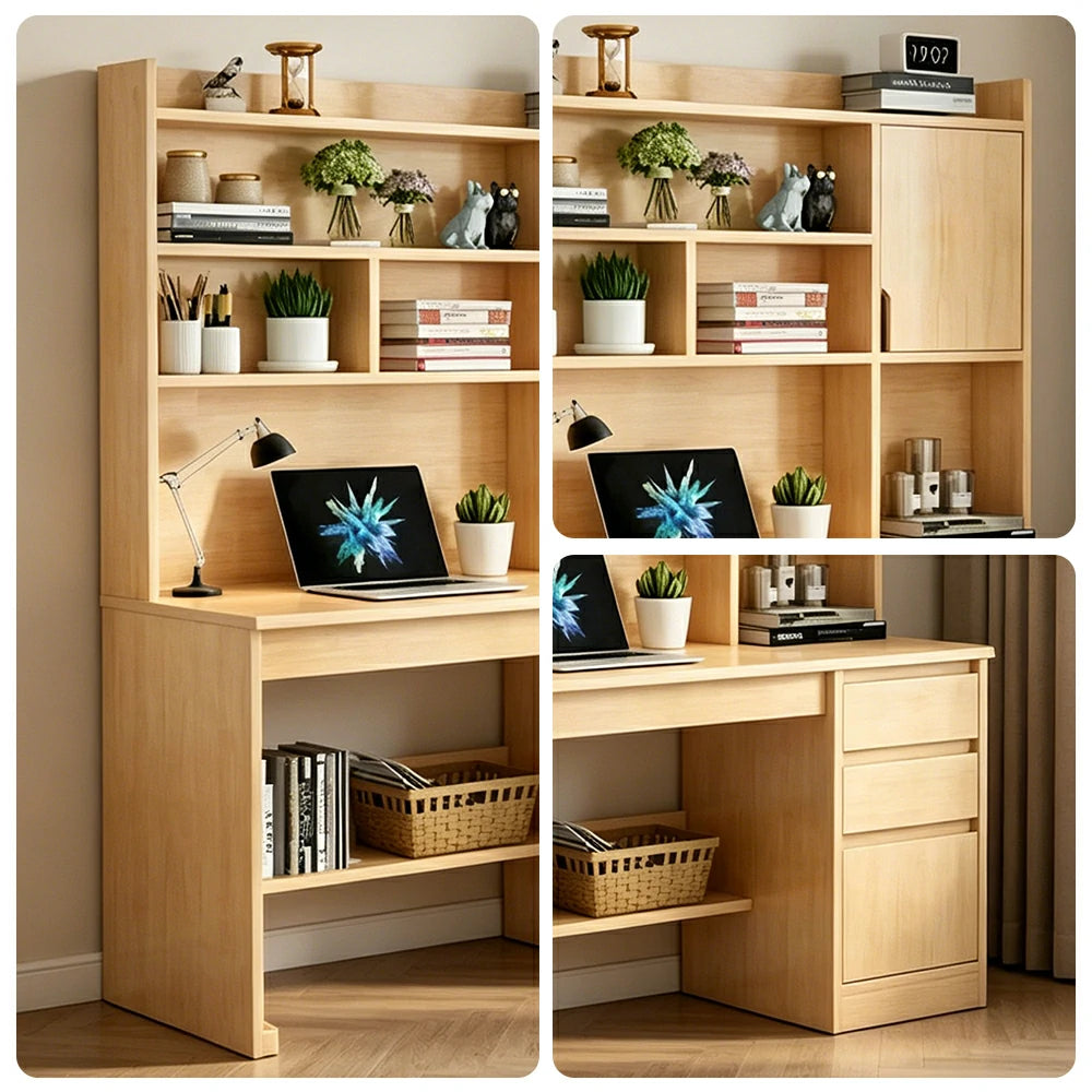 LIVARA Nordic Desk & Bookshelf Combo with Doors, Large Desktop & Multi-Zone Storage for Bedroom, Study Room & Kids Study Area - Wood