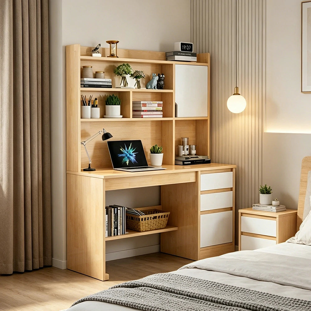 LIVARA Nordic Desk & Bookshelf Combo with Doors, Large Desktop & Multi-Zone Storage for Bedroom, Study Room & Kids Study Area - Wood&White