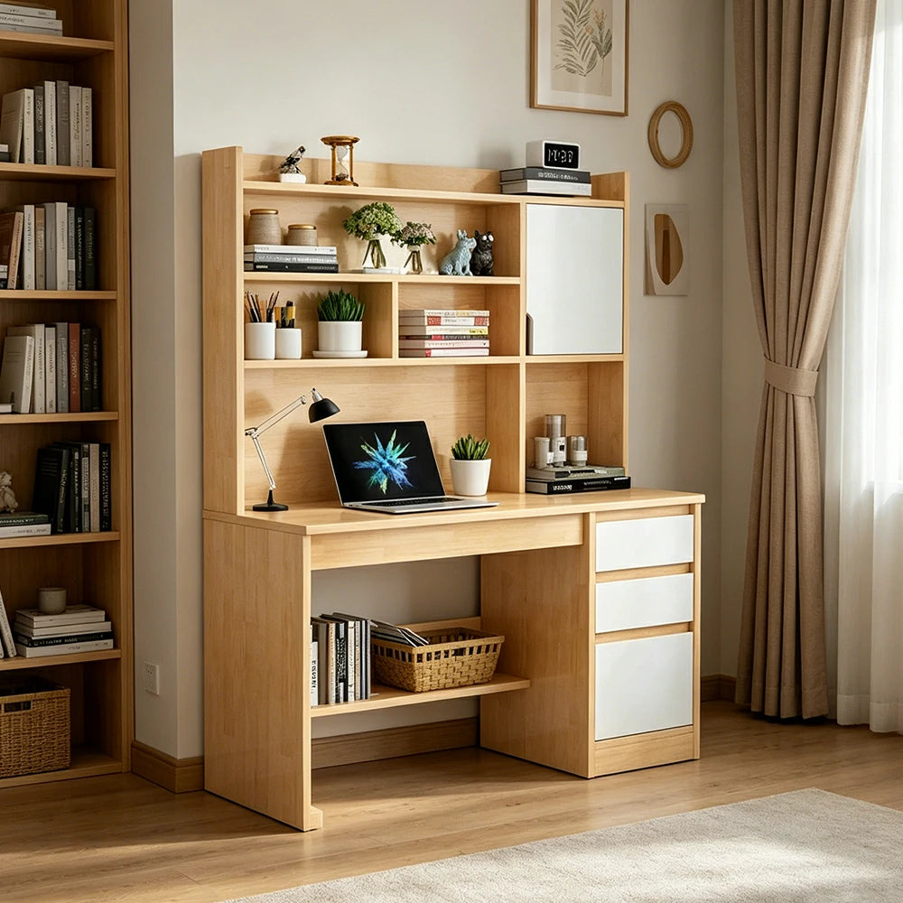 LIVARA Nordic Desk & Bookshelf Combo with Doors, Large Desktop & Multi-Zone Storage for Bedroom, Study Room & Kids Study Area - Wood&White