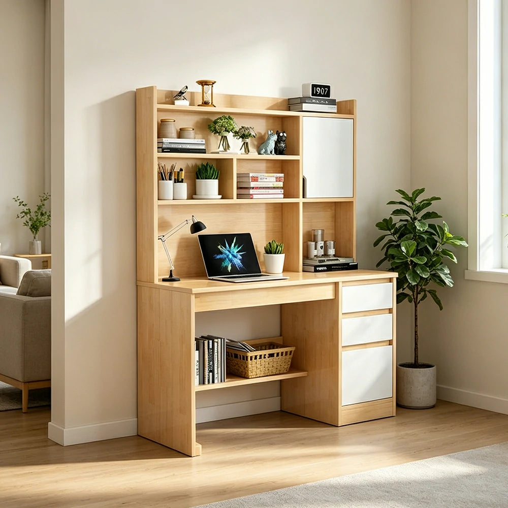 LIVARA Nordic Desk & Bookshelf Combo with Doors, Large Desktop & Multi-Zone Storage for Bedroom, Study Room & Kids Study Area - Wood&White