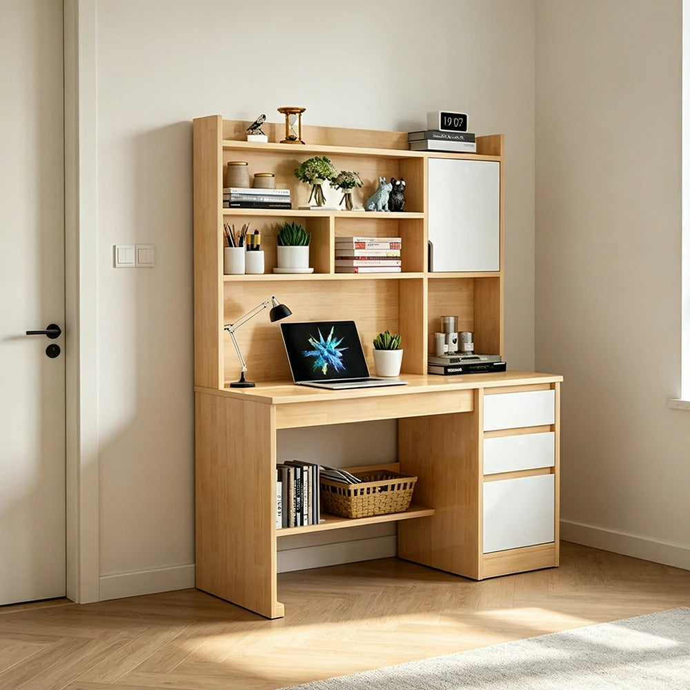 LIVARA Nordic Desk & Bookshelf Combo with Doors, Large Desktop & Multi-Zone Storage for Bedroom, Study Room & Kids Study Area - Wood&White