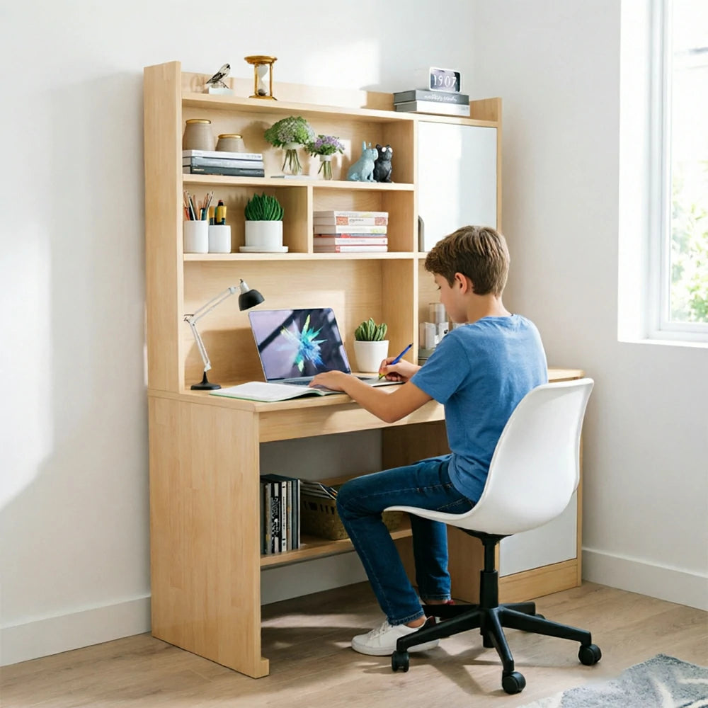 LIVARA Nordic Desk & Bookshelf Combo with Doors, Large Desktop & Multi-Zone Storage for Bedroom, Study Room & Kids Study Area - Wood&White