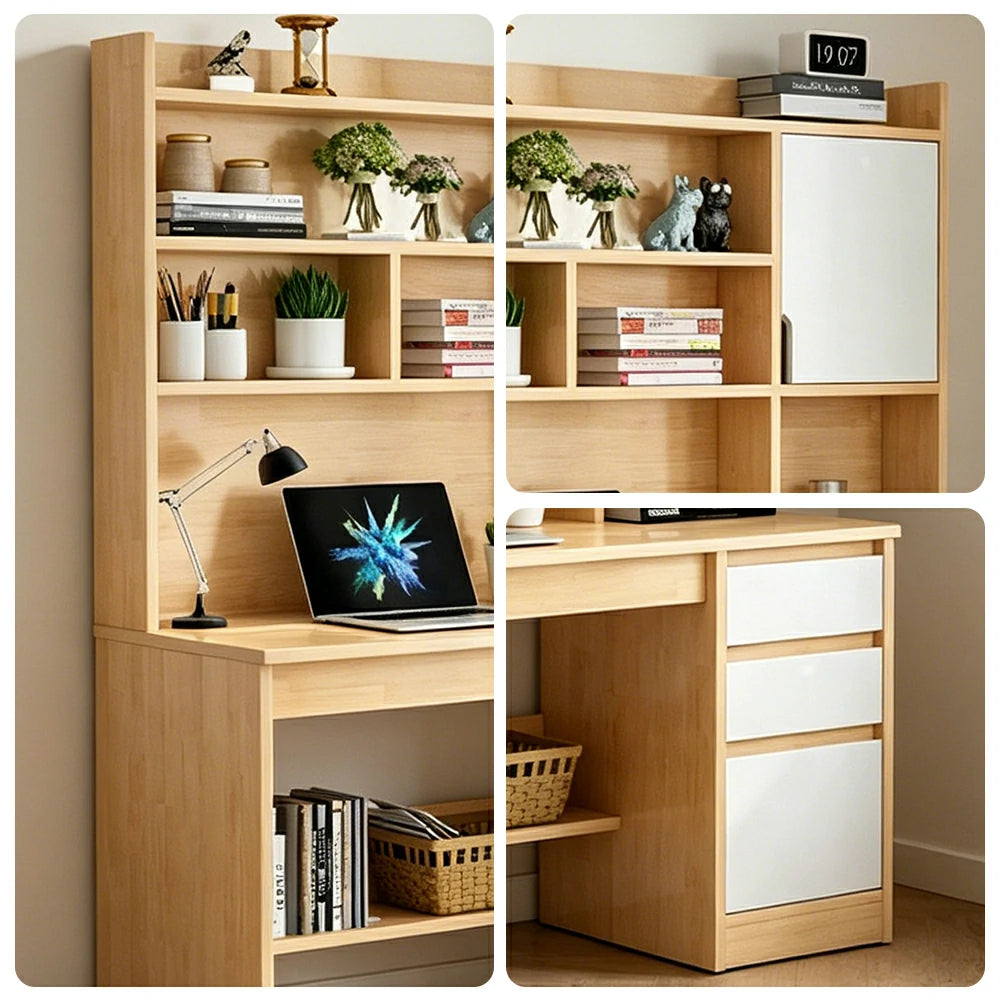 LIVARA Nordic Desk & Bookshelf Combo with Doors, Large Desktop & Multi-Zone Storage for Bedroom, Study Room & Kids Study Area - Wood&White