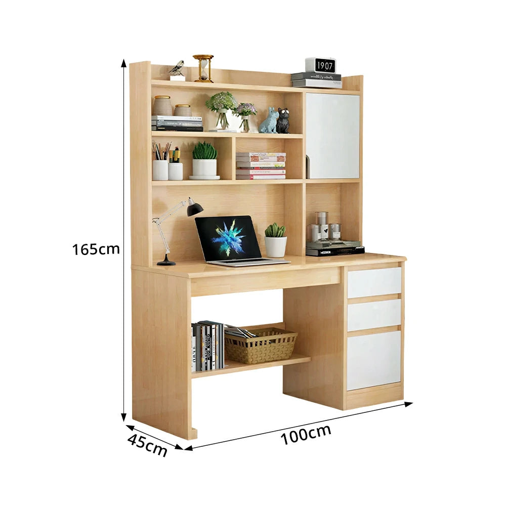 LIVARA Nordic Desk & Bookshelf Combo with Doors, Large Desktop & Multi-Zone Storage for Bedroom, Study Room & Kids Study Area - Wood&White