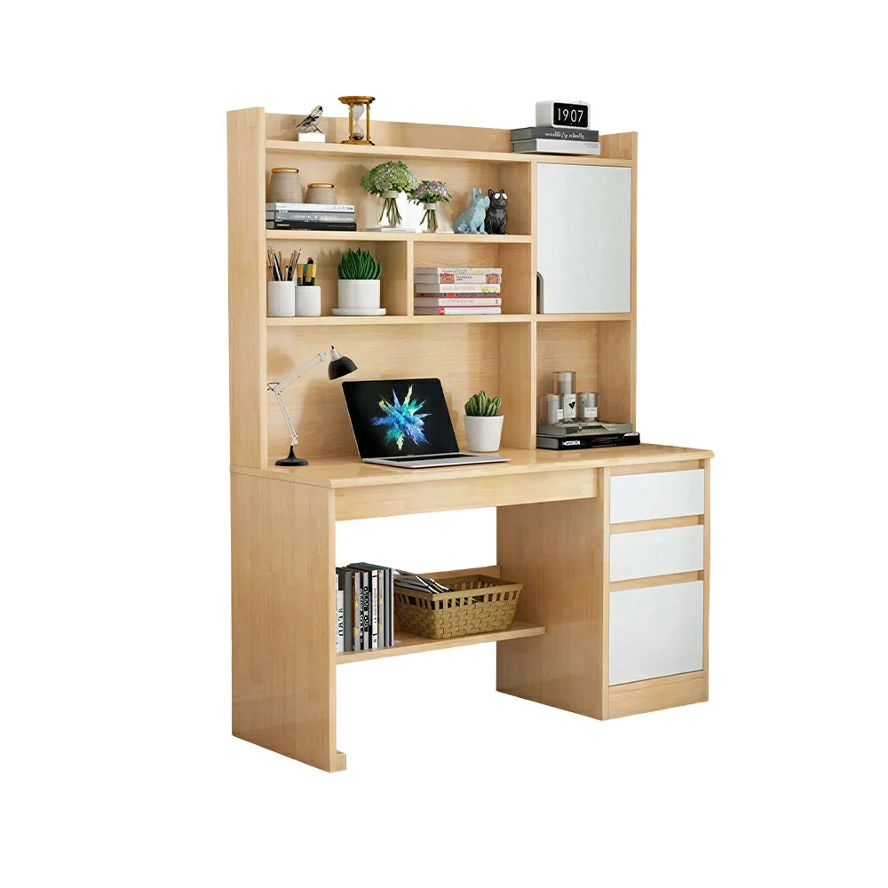 LIVARA Nordic Desk & Bookshelf Combo with Doors, Large Desktop & Multi-Zone Storage for Bedroom, Study Room & Kids Study Area - Wood&White