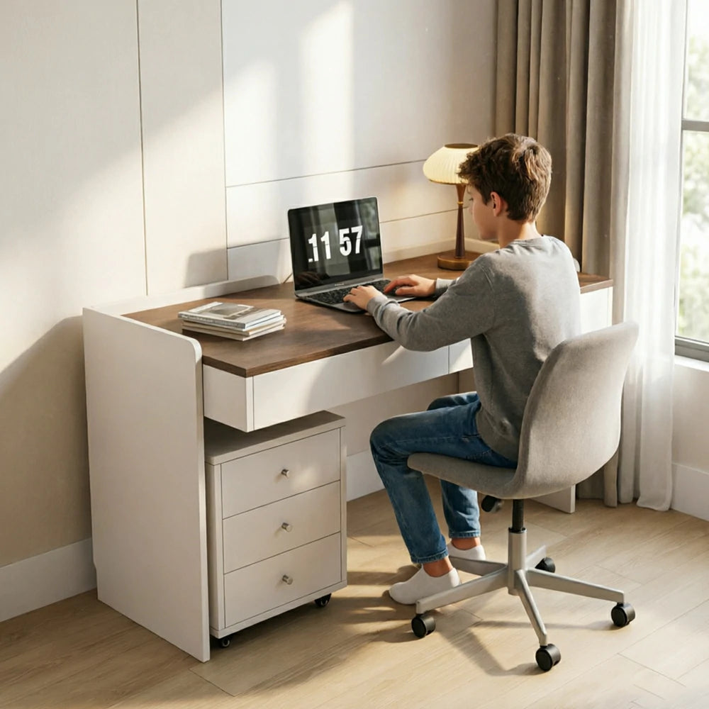 LIVARA 80cm Multi-Functional Solid Wood Desk with Drawer & Side Cabinet for Bedroom, Study Room & Home Office