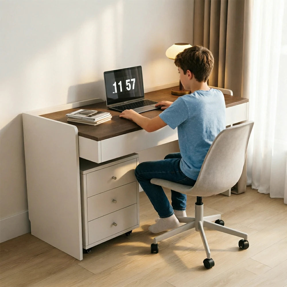 LIVARA 140cm Multi-Functional Solid Wood Desk with Drawer & Side Cabinet for Bedroom, Study Room & Home Office