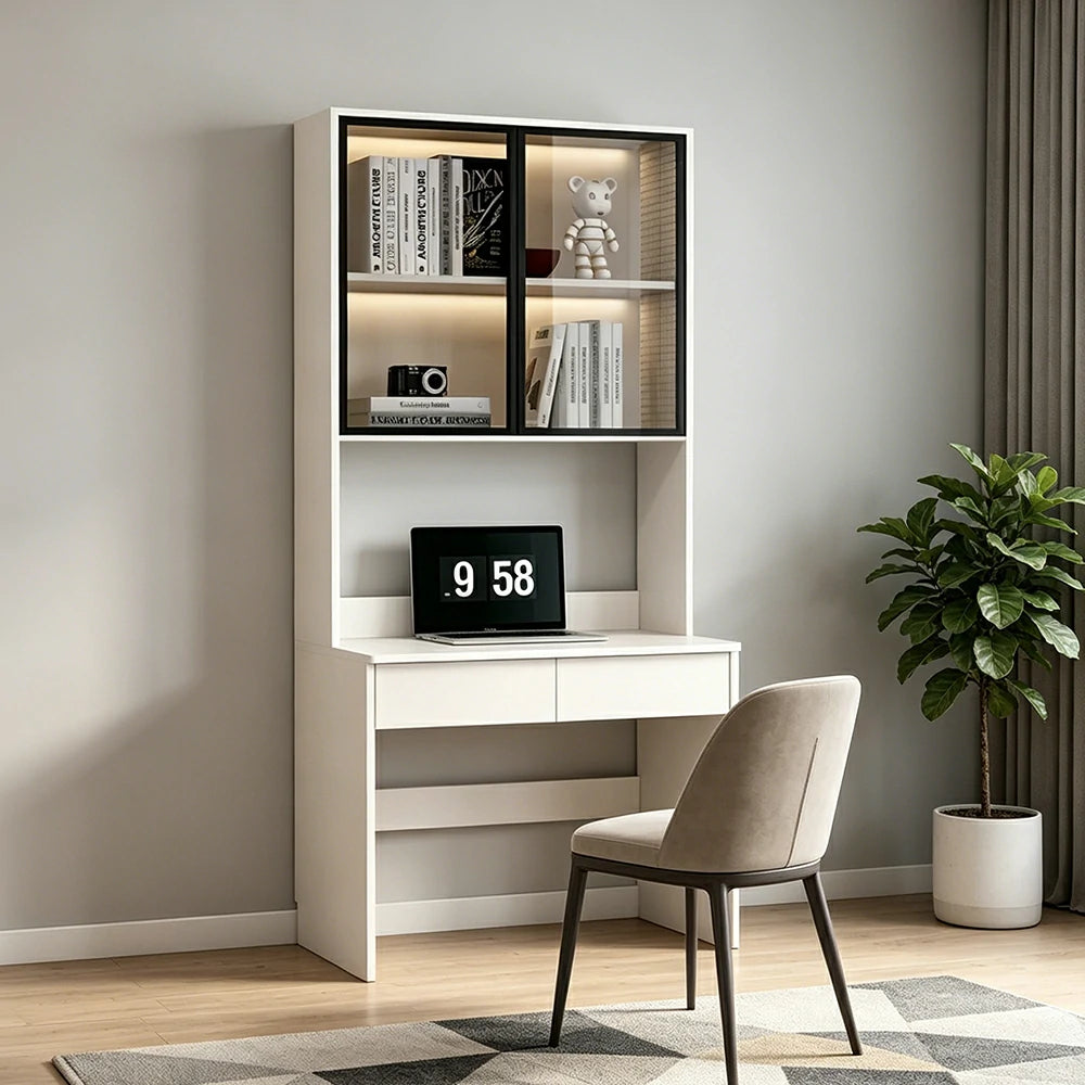 LIVARA Bookshelf Computer Desk 80cm Solid Wood with Dual Drawers for Bedroom, Study Room & Small Space Office - White