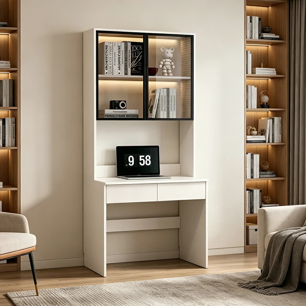 LIVARA Bookshelf Computer Desk 80cm Solid Wood with Dual Drawers for Bedroom, Study Room & Small Space Office - White