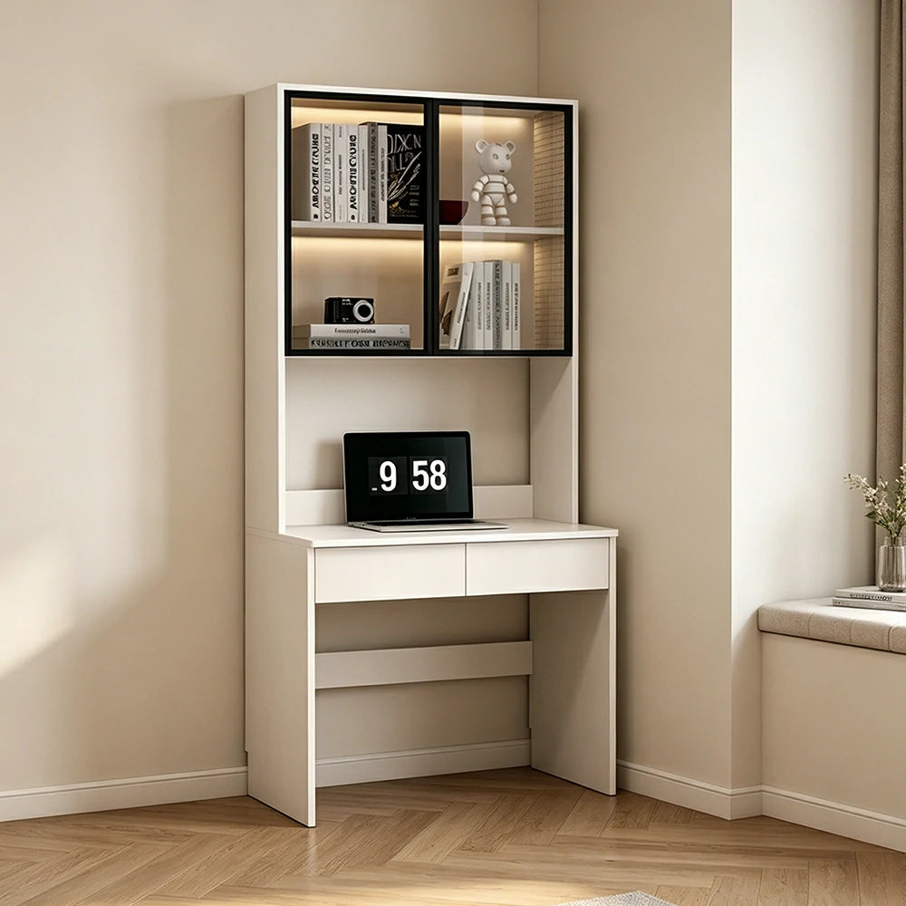 LIVARA Bookshelf Computer Desk 80cm Solid Wood with Dual Drawers for Bedroom, Study Room & Small Space Office - White