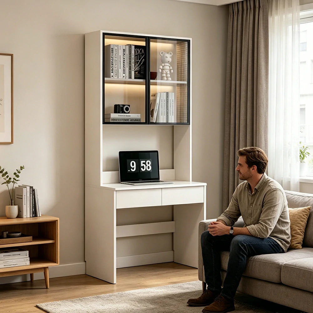 LIVARA Bookshelf Computer Desk 80cm Solid Wood with Dual Drawers for Bedroom, Study Room & Small Space Office - White