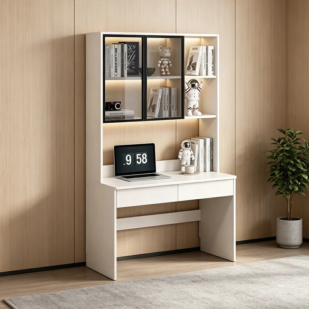 LIVARA Bookshelf Computer Desk 100cm Solid Wood with Dual Drawers for Bedroom, Study Room & Small Space Office - White
