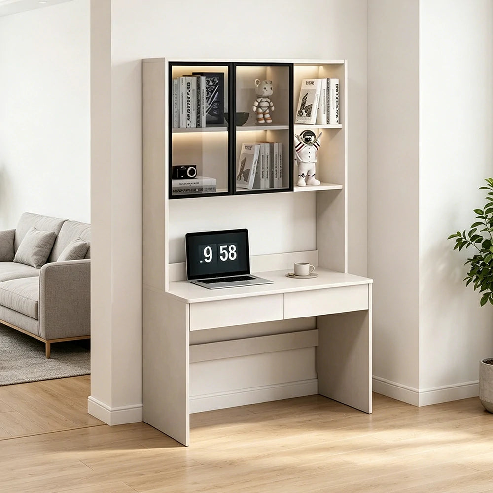 LIVARA Bookshelf Computer Desk 100cm Solid Wood with Dual Drawers for Bedroom, Study Room & Small Space Office - White