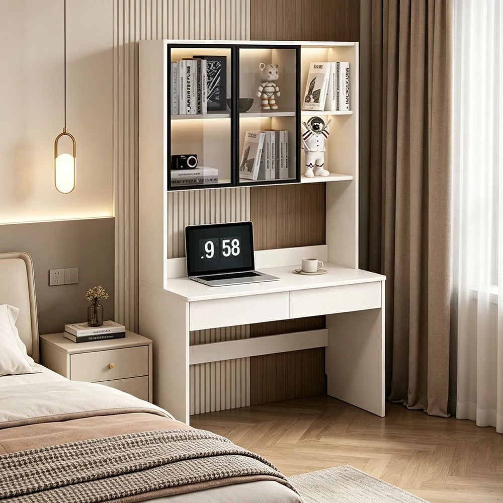 LIVARA Bookshelf Computer Desk 100cm Solid Wood with Dual Drawers for Bedroom, Study Room & Small Space Office - White
