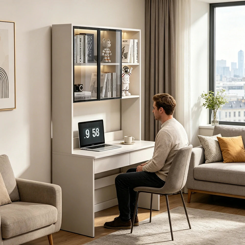 LIVARA Bookshelf Computer Desk 100cm Solid Wood with Dual Drawers for Bedroom, Study Room & Small Space Office - White