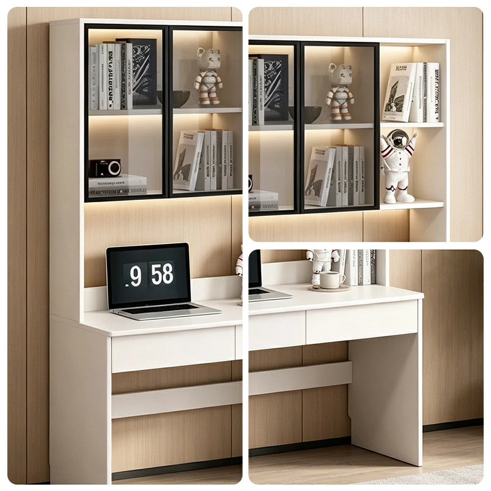 LIVARA Bookshelf Computer Desk 100cm Solid Wood with Dual Drawers for Bedroom, Study Room & Small Space Office - White