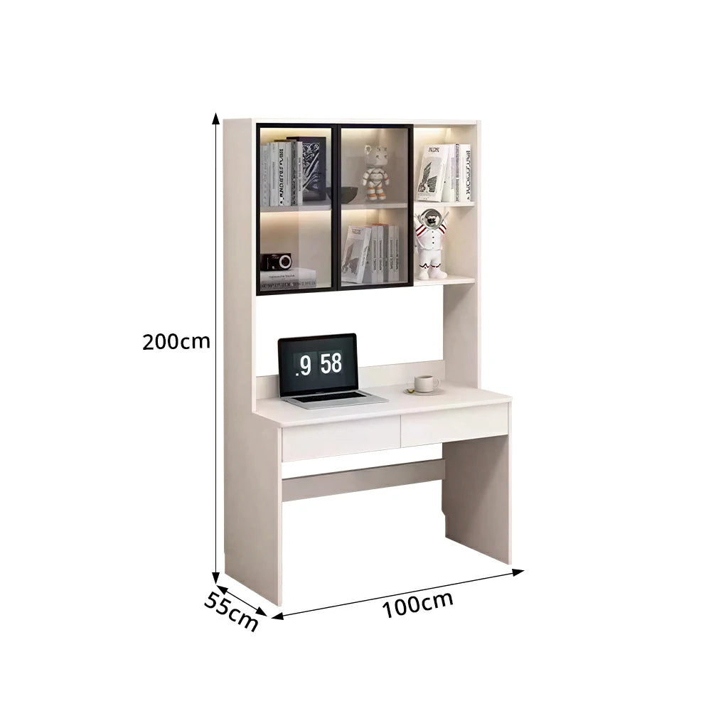 LIVARA Bookshelf Computer Desk 100cm Solid Wood with Dual Drawers for Bedroom, Study Room & Small Space Office - White