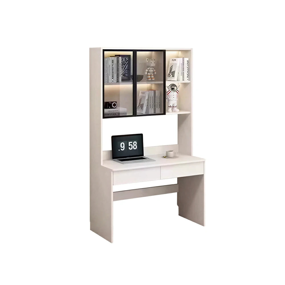 LIVARA Bookshelf Computer Desk 100cm Solid Wood with Dual Drawers for Bedroom, Study Room & Small Space Office - White